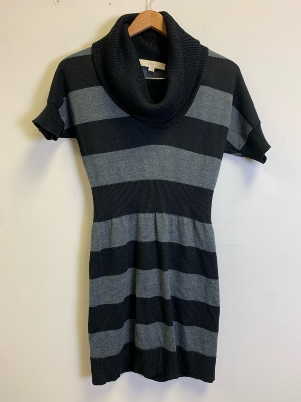 LOFT Black and Gray Striped Knit Cowl Neck Dress